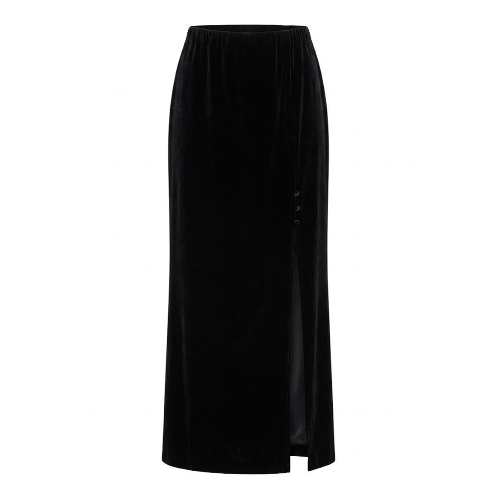 Alex Evenings Black Velvet Maxi Skirt Side Slit Button Detail Large Formal Long